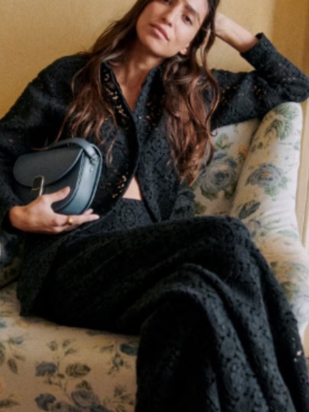 Sézane NWT SZ 4 MARZIA Crocheted Lace Button Down Shirt in Marine/Slate 🇫🇷 Chic!